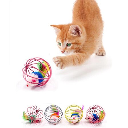 Renkli Metal Kafesli Peluş Fareli Kedi Köpek Oyuncağı Oyun Topu 6 cm (3984)