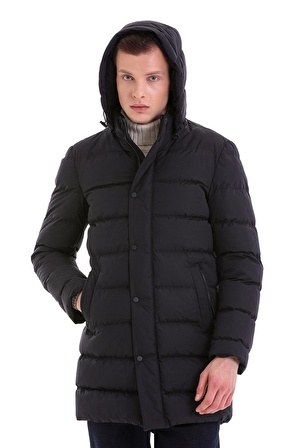 Lacivert Slim Fit Hakim Yaka Kapüşonlu Basic Kaban | XXL