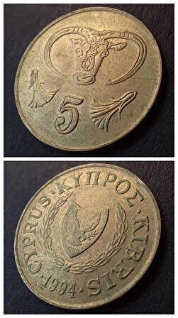 1994 Kıbrıs 5 Cent çt+ Eski yabancı madeni para - Nikel pirinç