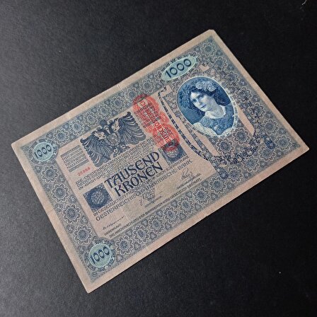 1902 Avusturya 1000 Kronen ÇT+ Kırmızı Sürşarjlı  Eski Yabancı Kağıt Para