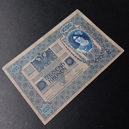 1902 Avusturya 1000 Kronen ÇT+ Kırmızı Sürşarjlı  Eski Yabancı Kağıt Para