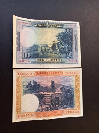 1925 - 1928 Ispanya 100 peseta takım ççt eski yabancı kağıt para