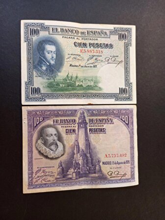 1925 - 1928 Ispanya 100 peseta takım ççt eski yabancı kağıt para
