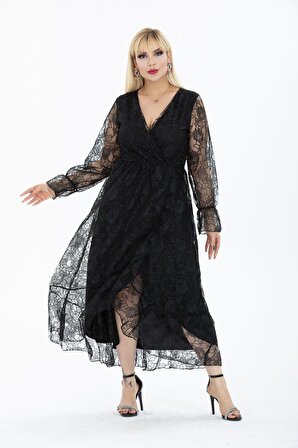 Kruvaze Yaka Uzun Kol Büyük Beden Dantel Elbise 3D-2448