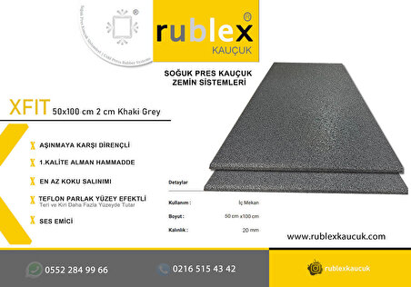 Rublex Kauçuk Soğuk Pres XFit Pro Khaki Grey 50x100 cm 2 cm Profesyonel Soğuk Pres Kauçuk Zemin 1 Adet
