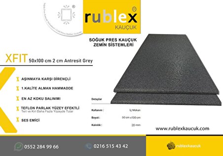 Rublex Kauçuk Soğuk Pres XFit Anthracit Grey 50x100 cm 2 cm Profesyonel Soğuk Pres Kauçuk Zemin 1 Adet