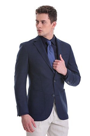 Lacivert Slim Fit Desenli Mono Yaka Klasik Ceket | 52