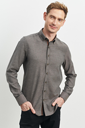 Erkek Kahverengi Slim Fit Dar Kesim Düğmeli Yaka Flanel Oduncu Gömlek