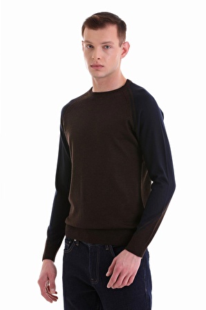 Kahverengi Regular Fit Jakarlı Bisiklet Yaka Yünlü Triko Kazak | L