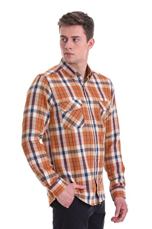 Turuncu Slim Fit Kareli 100% Pamuklu Düğmeli Yaka Uzun Kollu Casual Gömlek | XL
