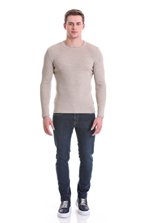 Bej Slim Fit Fitilli Bisiklet Yaka Yünlü Triko Kazak | L