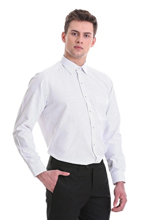 Beyaz Klasik Fit Baskılı Pamuklu Slim Yaka Uzun Kollu Klasik Gömlek | XL