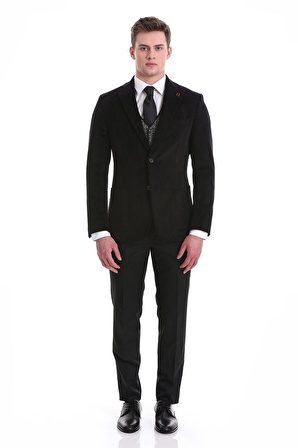 Siyah Slim Fit Düz Mono Yaka Pamuklu Kadife Ceket | 52