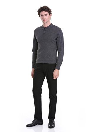 Gri Regular Fit Düz Polo Yaka Triko Kazak | 4XL