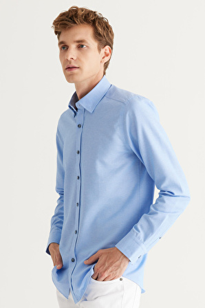 Erkek Mavi Slim Fit Dar Kesim Pamuklu Gizli Düğmeli Yaka Uzun Kollu Oxford Gömlek