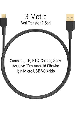 qasul3 Metre Micro USB Şarj Kablosu. Samsung, LG, HTC, Casper, Sony, Asus ve Tüm Android Cihazlar