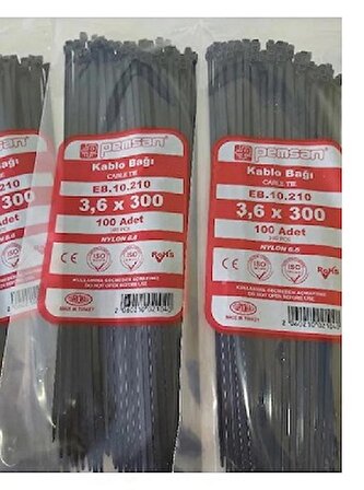 3.6X300 Plastik Cırt Kelepçe Kablo Bağı Siyah 100'Lu Paket Pemsan 3.6X300S,