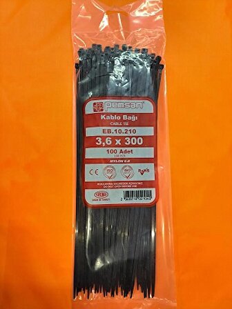 3.6X300 Plastik Cırt Kelepçe Kablo Bağı Siyah 100'Lu Paket Pemsan 3.6X300S,