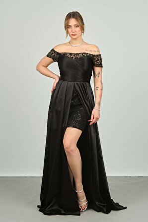 Escoll Kadın İçi Mini Etekli Saten Abiye Elbise 1765 Siyah