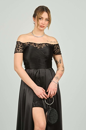 Escoll Kadın İçi Mini Etekli Saten Abiye Elbise 1765 Siyah
