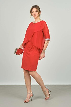 Escoll Kadın Sıfır Yaka Üstü Şifon Kol Manşetli Taşlı Abiye Elbise 1987 Kırmızı