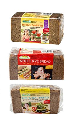 Mestemacher 3'lü Alman Ekmek Seti - Ayçekirdekli Çavdarlı, Tam Tahıllı ve Yulaf Çavdar Ruşeymli Tam Tahıl Ekmeği 500g X 3 Adet