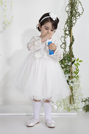 Minimony Uzun Kol Dantelli Kız Bebek Çocuk Bayramlık Abiye Gelinlik Elbisesi 4002