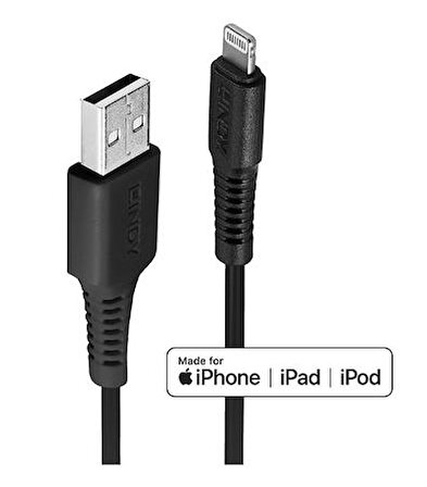 Lindy LIN-31320 1 Mt USB 2.0  to Lightning C89 Erkek-Erkek Siyah Apple Şarj Kablosu ( Apple Uyumludur.)