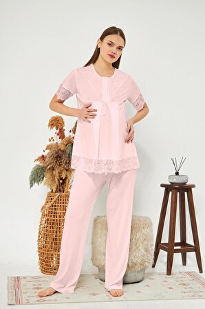 Pudra Kadın Hamile ve Lohusa Pijama Takımı 3'lü Set