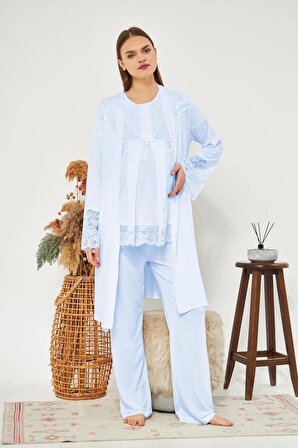 Mavi Kadın Hamile ve Lohusa Pijama Takımı 3'lü Set