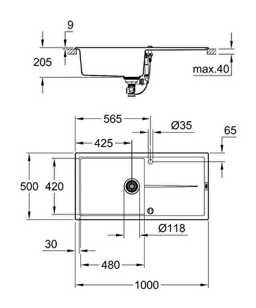 Grohe K400 Kuvars Kompozit Eviye 60 -C 100/50, Granit Siyah Rengi - 31641AP0