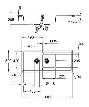 Grohe K400 Kompozit Eviye 60 -C 116/50, Granit Gri - 31643AT0