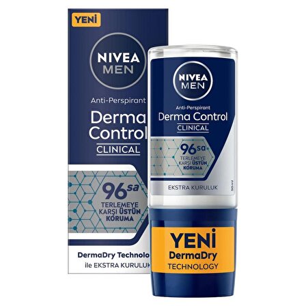 NIVEA Derma Control Clinical Erkek Roll-on 50 ml,96 Saat Üstün Koruma,Ekstra Kuruluk,Anti-perspirant