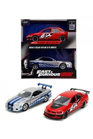 Jada 1/32 Ölçek 2'li Fast and Furious Set - Mitsubishi Lancer Evolution IX & Brian's Nissan Skyline GT-R BNR34 (Hızlı ve Öfkeli)
