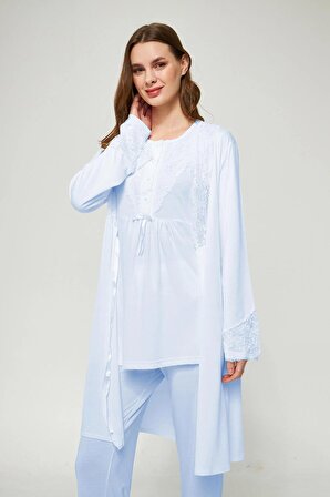 LORIAN'S Mavi  Hamile ve Lohusa Pijama Takımı 3'lü Set
