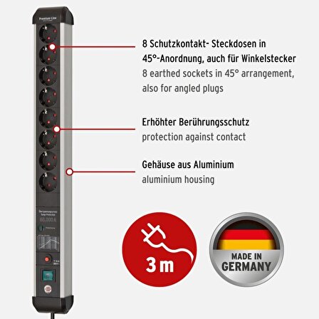 Brennenstuhl Premium-Protect-Line 60.000 Amper Akım Korumalı Parazit Giderici 8 Soketli 3 Metre Priz