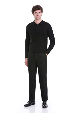 Siyah Regular Fit Düz Polo Yaka Triko Kazak | S
