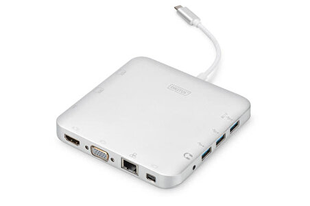 Digitus DA-70863 USB 3.1 Type C to HDMI miniDP VGA USB Type C PD 3xUSB 3.0 RJ45 Kart Okuyucu Ses Portlu Docking Station
