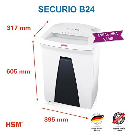 HSM SECURIO B24 - 5,8mm Evrak İmha Makinesi / Kağıt Kırpma Makinesi - CD İmha Makinesi - 35lt 