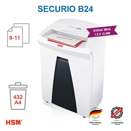 HSM SECURIO B24 Evrak İmha Makinesi / Kağıt Kırpma Makinesi - Parçacık kesim 1,9x15mm- 34lt