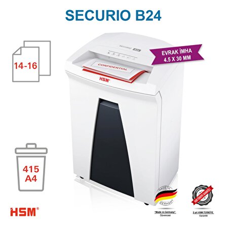 HSM SECURIO B24 - Çapraz/konfeti kesim 4,5x30mm Evrak İmha Makinesi / Kağıt Kırpma Makinesi - CD İmha Makinesi - 35lt 