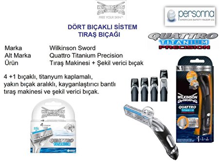 Wilkinson Sword Quattro Titanium Sensitive 4'lü 4 Bıçaklı Tüm Cilt Tipleri İçin Bıçak Yedeği