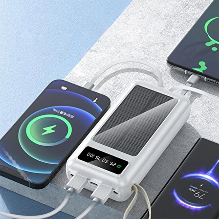 30.000 mAh Dahili Kablolu Solar Enerjili Powerbank Taşınabilir Led Işıklı Şarj Aleti