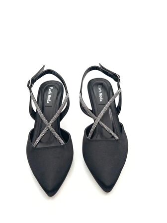 Potinonline K710 Kadın Saten Taşlı Arkası Açık Küçük Topuk Abiye Ayakkabı