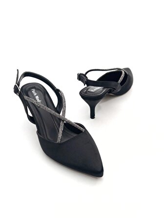 Potinonline K710 Kadın Saten Taşlı Arkası Açık Küçük Topuk Abiye Ayakkabı