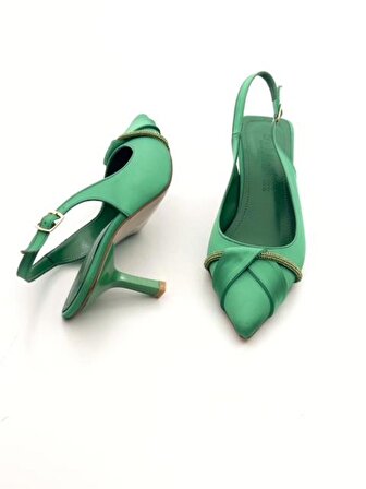 Potinonline K629 Kadın Saten Taşlı Arkası Açık Abiye Topuklu Ayakkabı