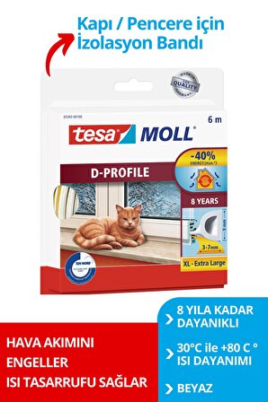 tesamoll® D profil, Kapı Pencere Isı İzolasyon Bandı, Beyaz, 6m x 9mm x 7mm