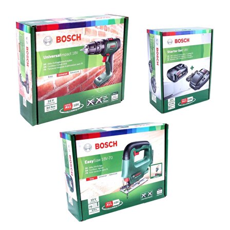 Bosch Universal Impact 18 (Baretool) Darbeli Matkap + Easysaw 18V Dekupaj + 18 Volt Starter Kit (2,5 Ah+Şarj Cihazı)