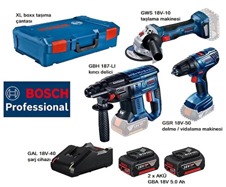 Bosch 3 lü set GBH 187-LI kırıcı delici + GWS 18V-10 taşlama makinesi + GSR 18V-50 delme/vidalama