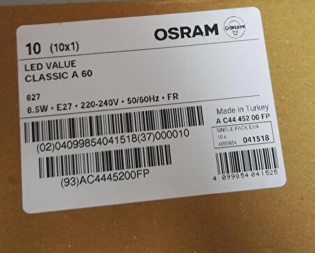 Osram 8.5W Led Ampul Sarı Işık 10 lu Paket